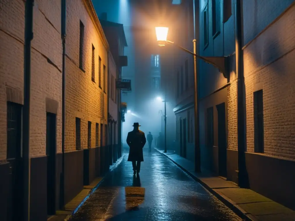 Un oscuro callejón de noche iluminado por una única farola parpadeante, creando una atmósfera misteriosa y de suspense típica del cine negro