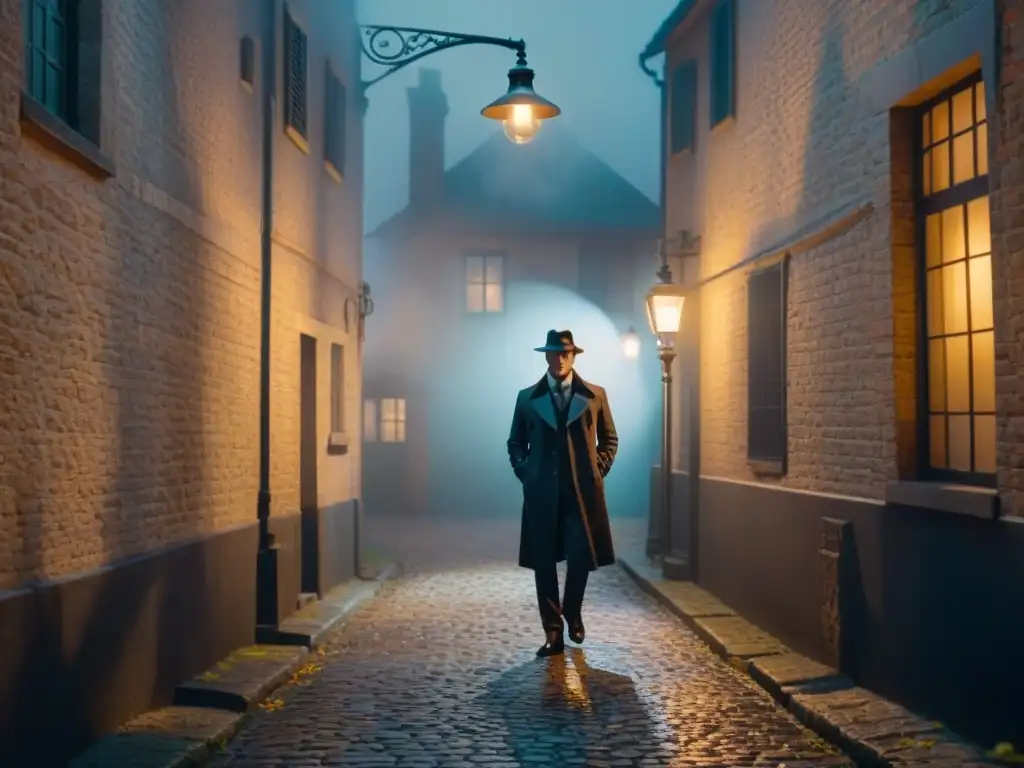 Alleyway misterioso: sombras en la noche Un oscuro callejón de noche con una lámpara de calle vintage iluminando el suelo empedrado