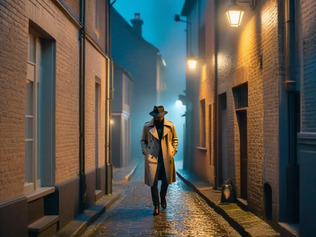 Alleyway misterioso: sombras, misterio y suspense nocturno Un oscuro callejón de noche, luces tenues y sombras misteriosas en adoquines mojados