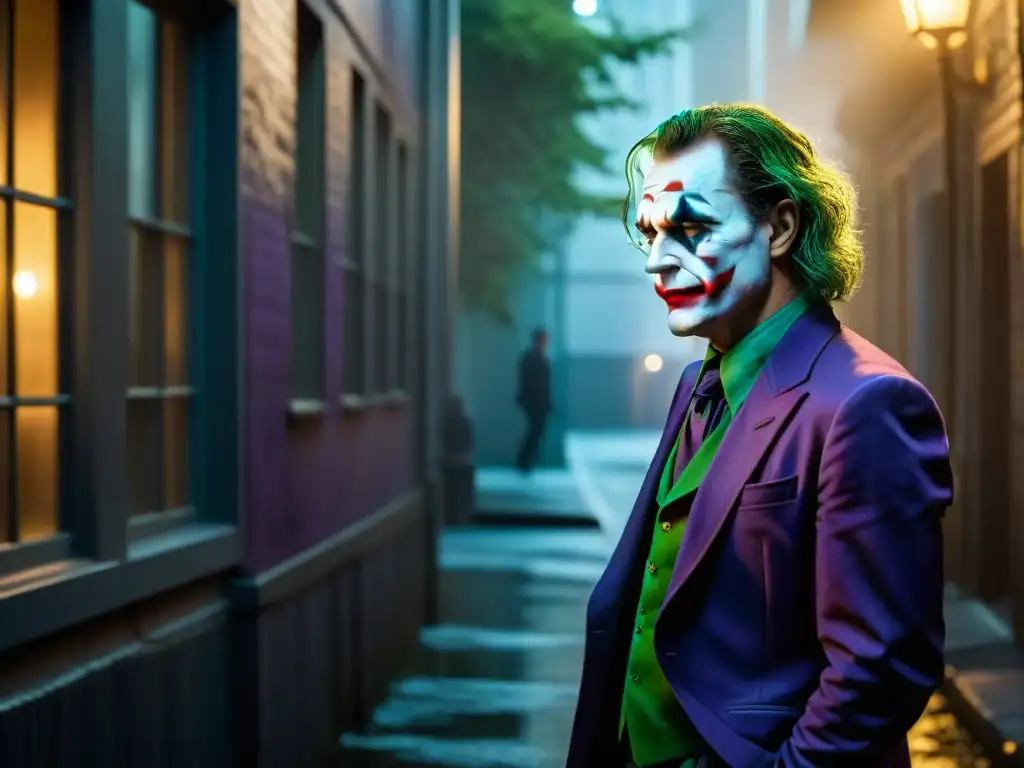 En el oscuro callejón de noche, la silueta del Joker en su traje morado crea una atmósfera misteriosa y aterradora