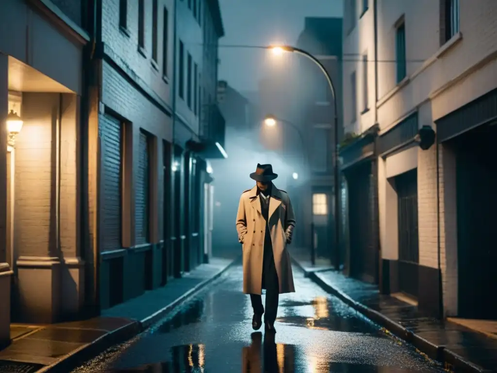 Intrigante escena noir: misterioso personaje en un callejón nocturno Un oscuro callejón de noche con siluetas misteriosas bajo una farola parpadeante