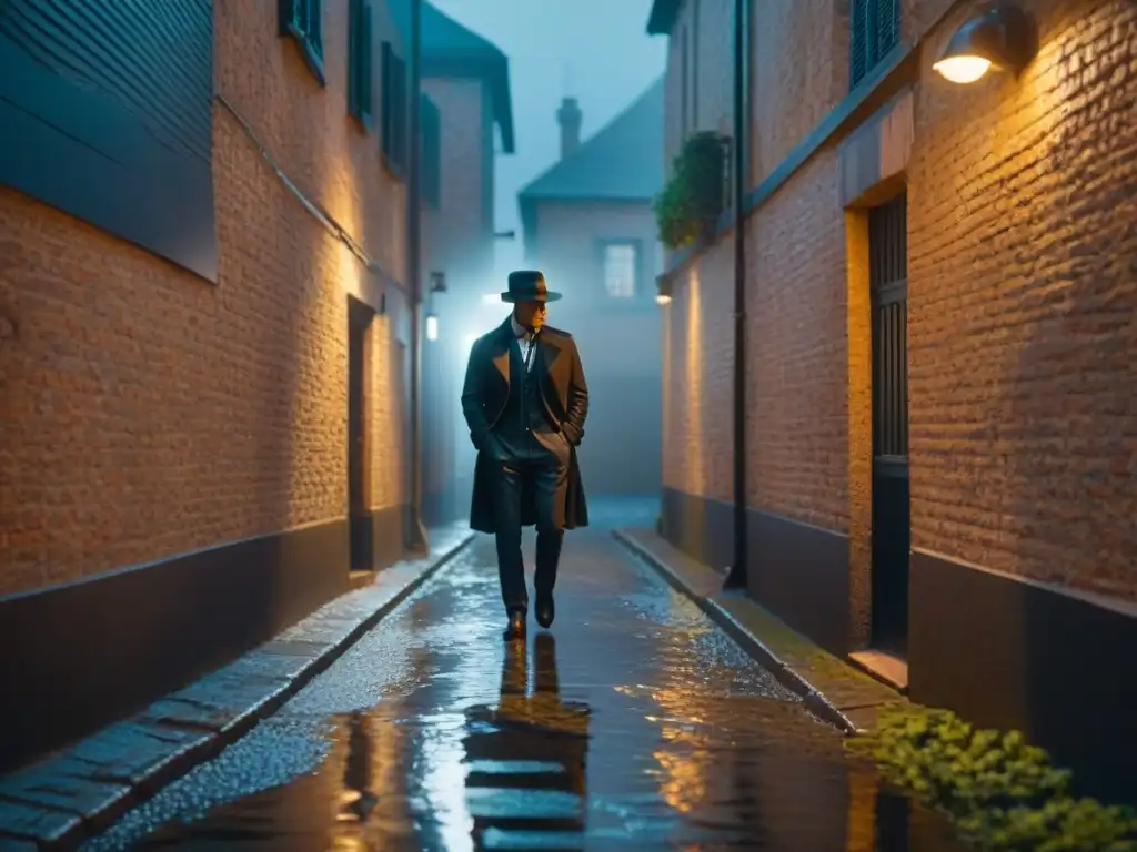 Alleyway nocturna: misterio y sombras en la ciudad Un oscuro callejón de noche, con una solitaria farola iluminando el suelo mojado