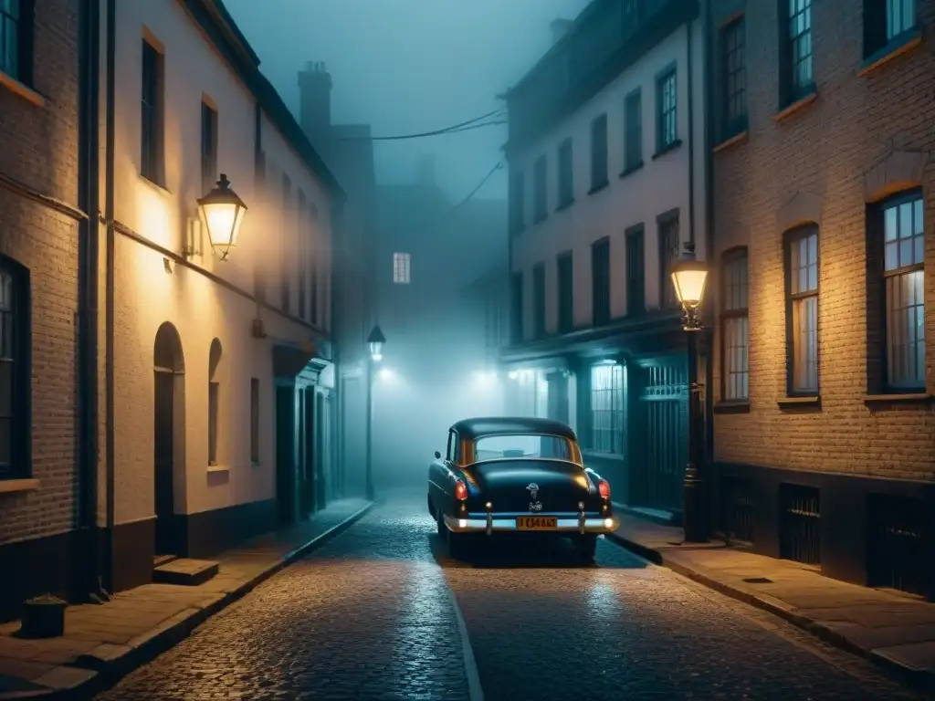 Un oscuro callejón nocturno con un coche de detective vintage bajo una farola parpadeante