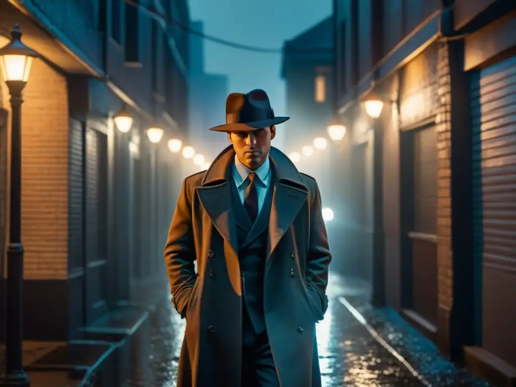 Un oscuro callejón nocturno con un detective en silueta bajo la lluvia, en un escenario de cine noir