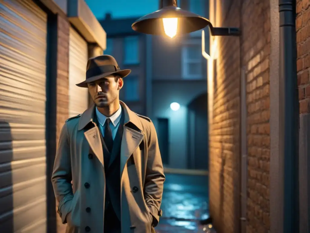 Detective en la sombra: escena de misterio en callejón nocturno Un oscuro callejón nocturno con un detective bajo una farola titilante, en blanco y negro