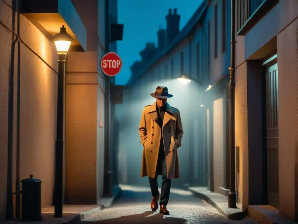 En un oscuro callejón nocturno, una figura misteriosa bajo la luz de la farola, creando un ambiente tenso y dramático