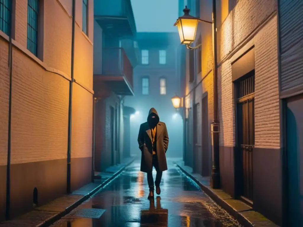 En un oscuro callejón nocturno, una figura solitaria con aspecto atormentado bajo la luz de una farola titilante