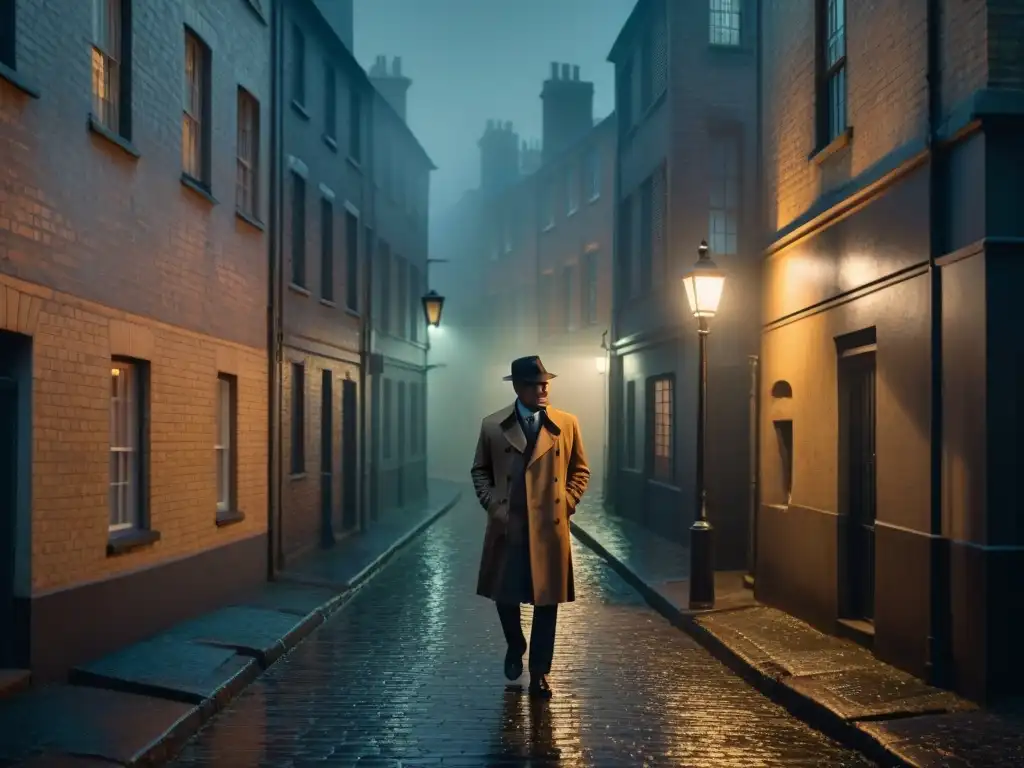 Un oscuro callejón nocturno iluminado por una farola titilante, evocando el misterio del Film Noir