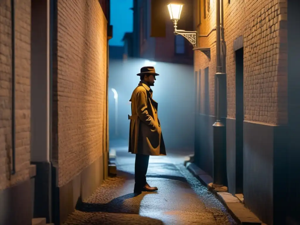 Alleyway nocturno en alta definición: atmósfera de Film Noir Un oscuro callejón nocturno iluminado por la luz de una farola, evoca el misterio del género de producción cinematográfica