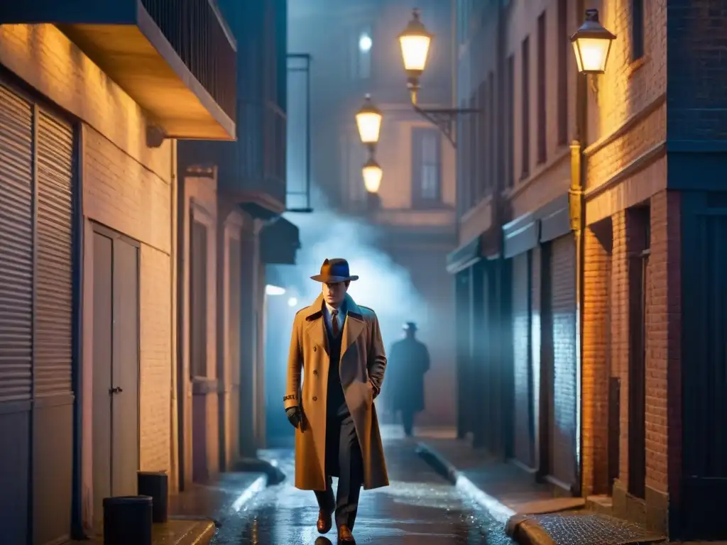 Un oscuro callejón nocturno iluminado por una tenue farola