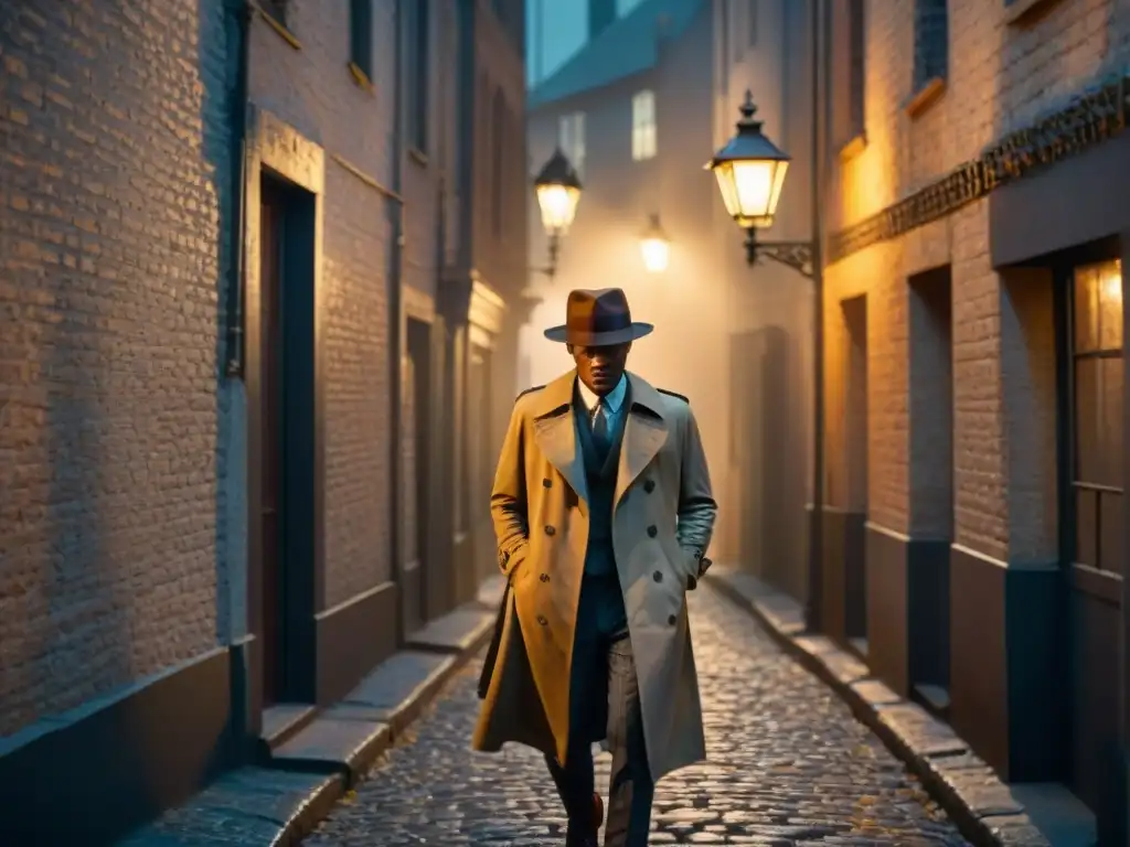 Un oscuro callejón nocturno iluminado por la luz de la farola, donde un detective sigue pistas