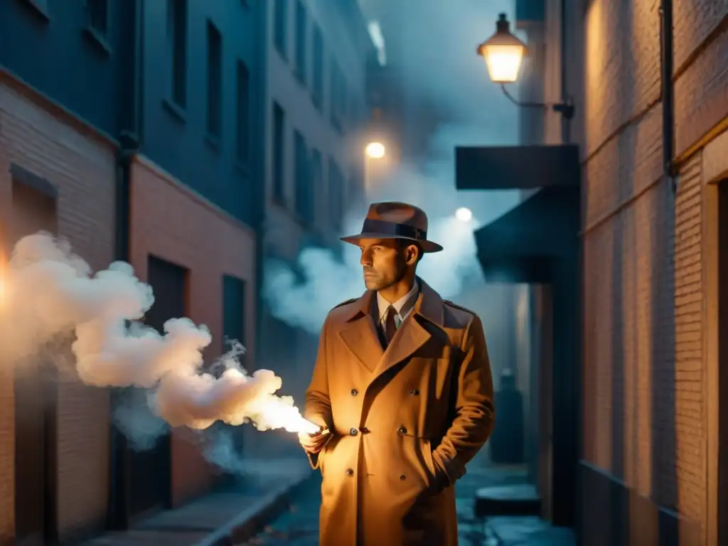 Noche de misterio: detective en callejón oscuro Un oscuro callejón nocturno iluminado por una tenue farola