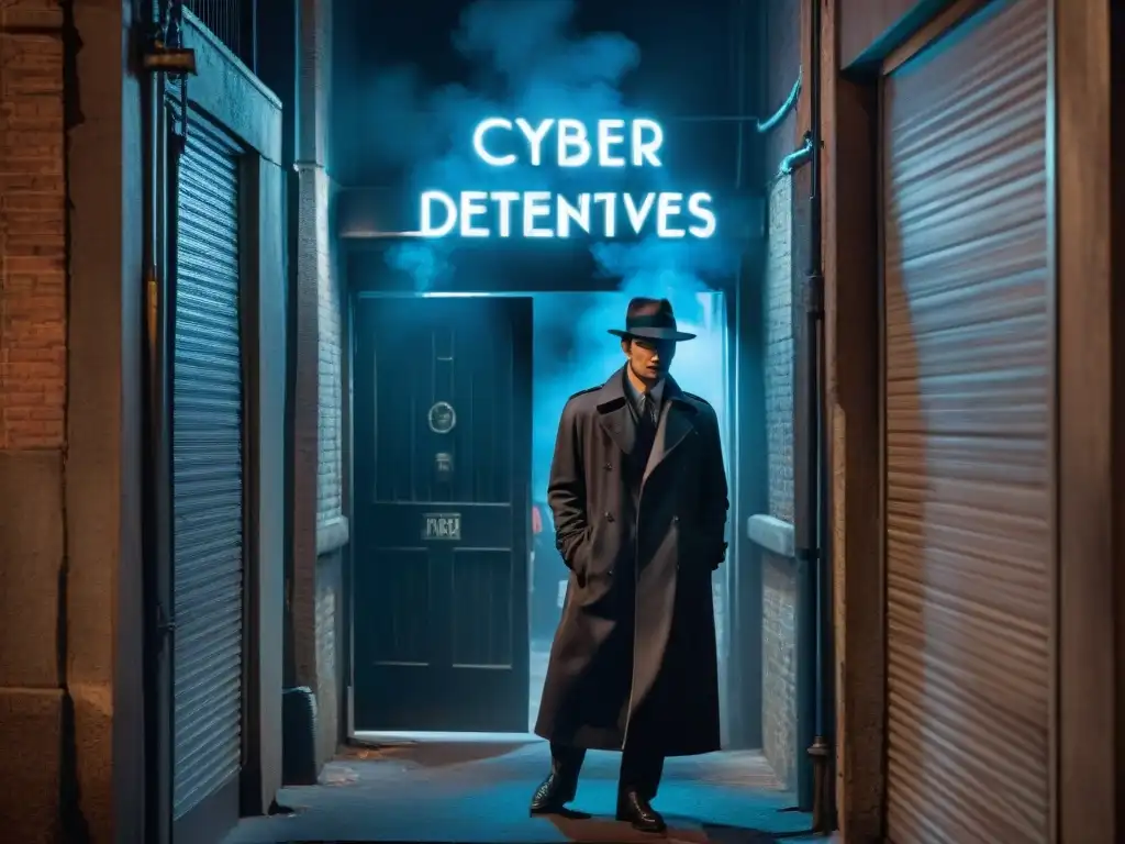 Agencia de Detectives Cibernéticos: Misterio en el callejón oscuro Un oscuro callejón nocturno, iluminado por la luz titilante de un letrero de neón sobre una puerta que dice 'Agencia de Ciberdetectives'