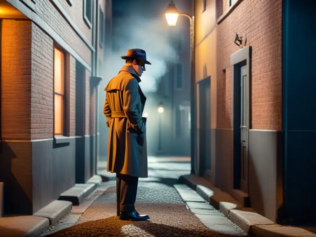 Escena de Film Noir: Detective en callejón sombrío Un oscuro callejón nocturno iluminado por una farola titilante, donde un detective examina una pista misteriosa