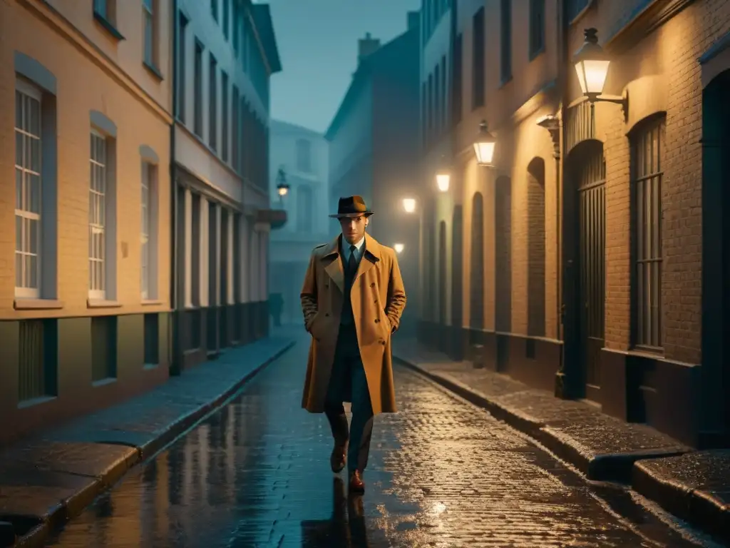 Un oscuro callejón nocturno iluminado por la luz tenue de una farola, evocando el estilo noir de las mejores series detectives de Netflix y HBO