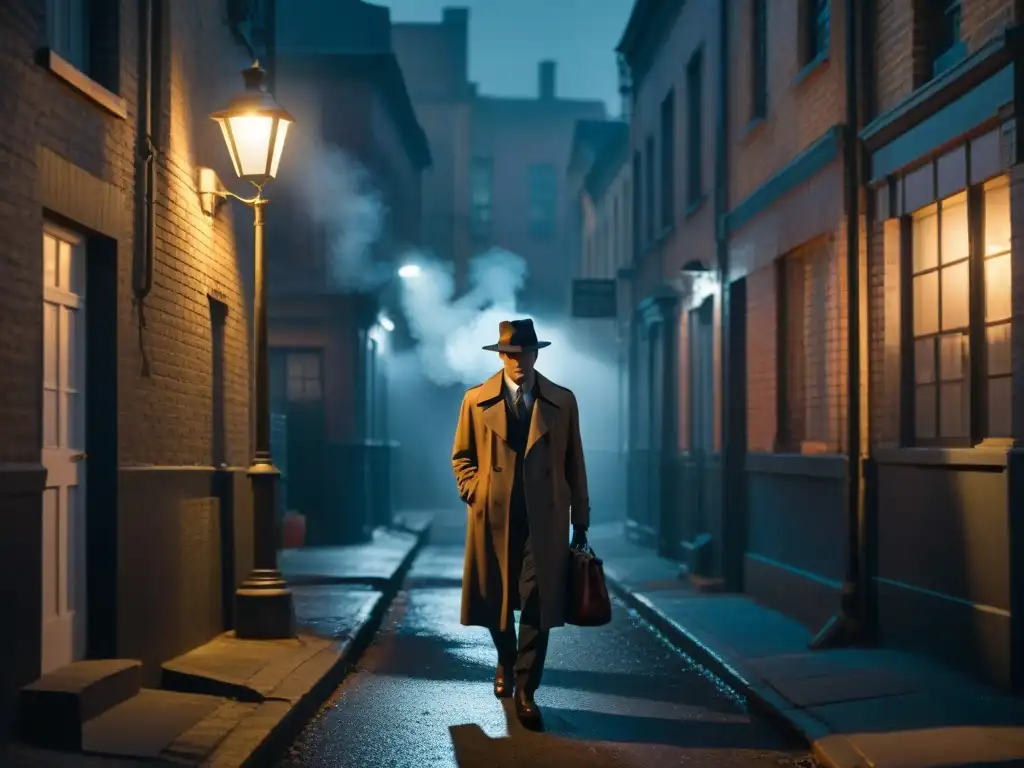 Un oscuro callejón nocturno iluminado por la tenue luz de una farola titilante