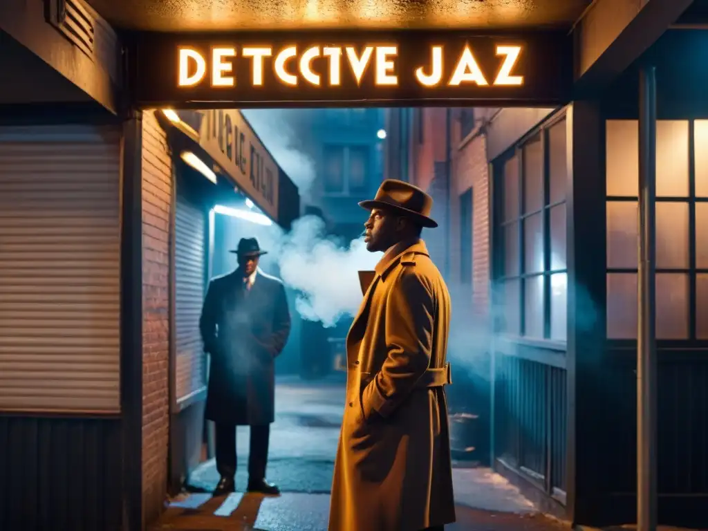 Un oscuro callejón nocturno con un letrero de neón 'Detective Jazz Club'