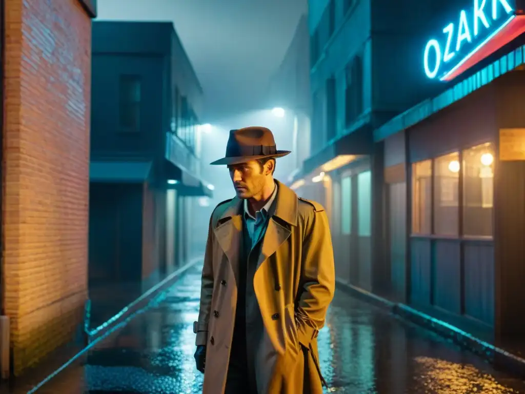 En un oscuro callejón nocturno, la lluvia refleja luces neón de la ciudad