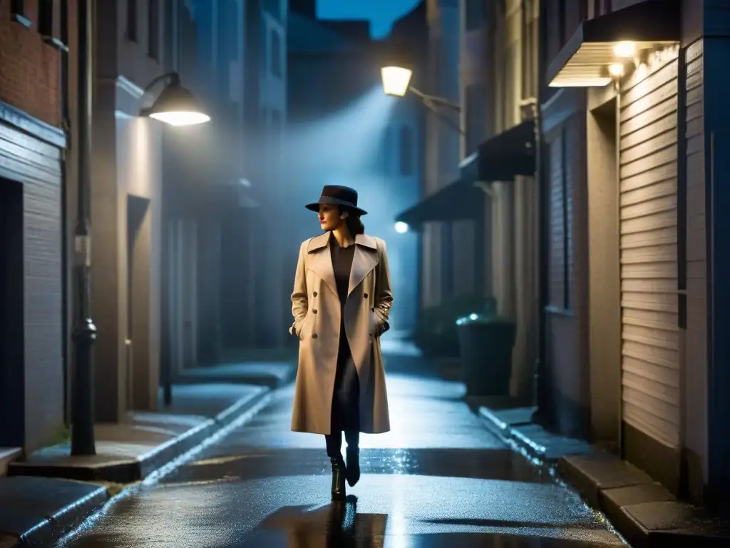 Intriga nocturna: encuentro en el callejón Un oscuro callejón nocturno, lluvia cayendo sobre el pavimento brillante