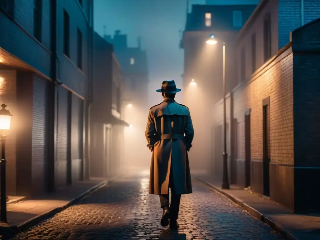 Alleyway misterioso con figura en sombras Un oscuro callejón nocturno con un misterioso personaje al estilo noir clásico