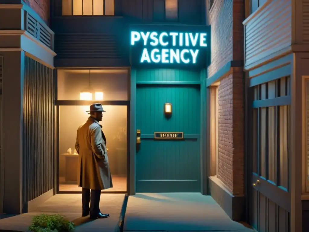 Un oscuro callejón nocturno con la puerta de una oficina de detectives vintage que muestra un letrero que lee 'Psych Detective Agency'