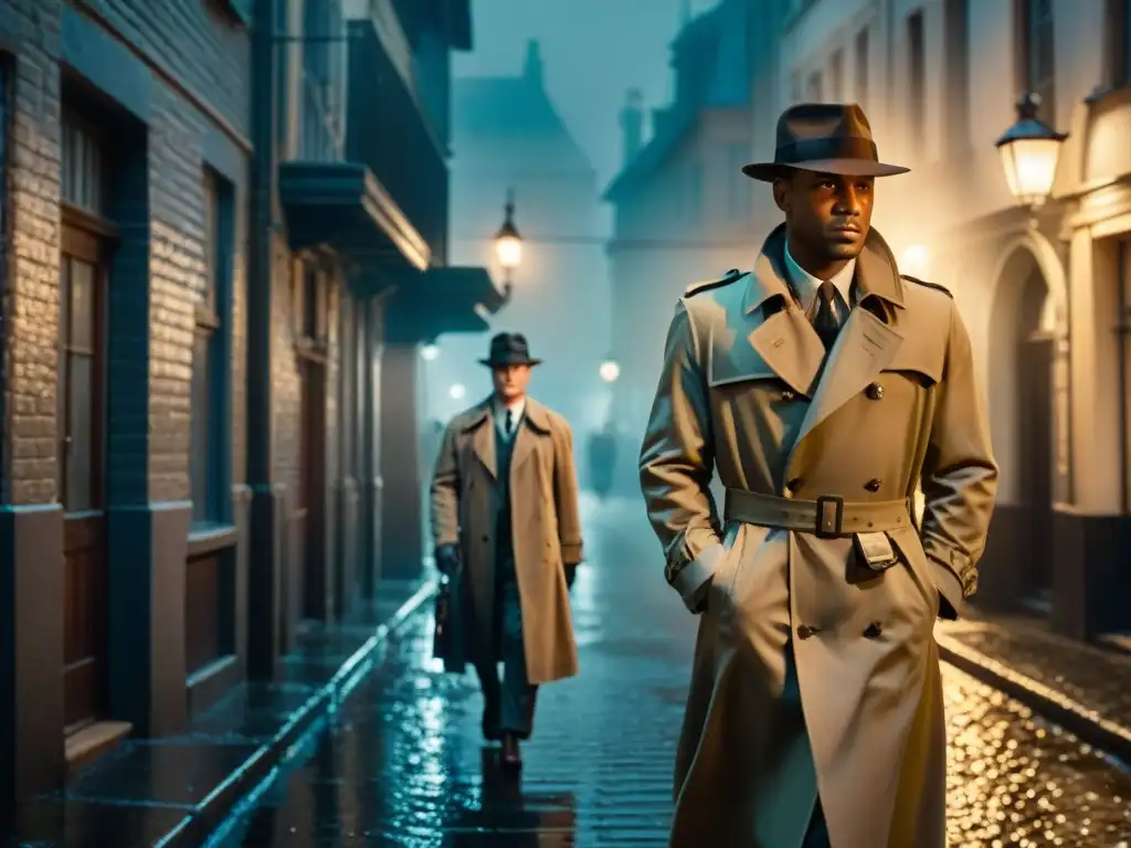 Un oscuro callejón nocturno con siluetas de dos figuras en la distancia bajo la luz de una farola