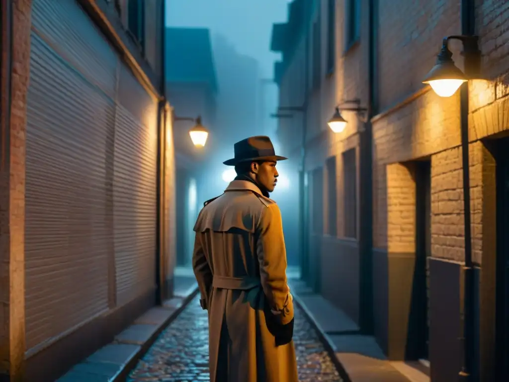 Un oscuro callejón nocturno con sombras y una figura misteriosa bajo una farola parpadeante, evocando un ambiente de thriller crimen detectives cine televisión