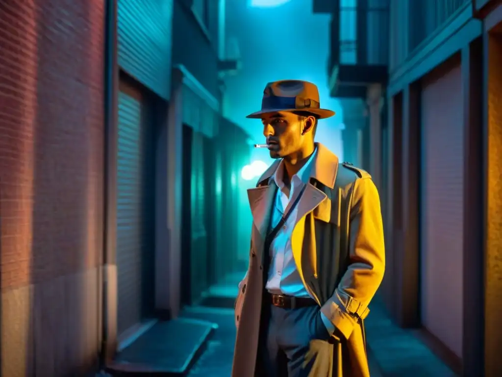 Un oscuro callejón nocturno, sombras proyectadas por la tenue luz de una farola parpadeante