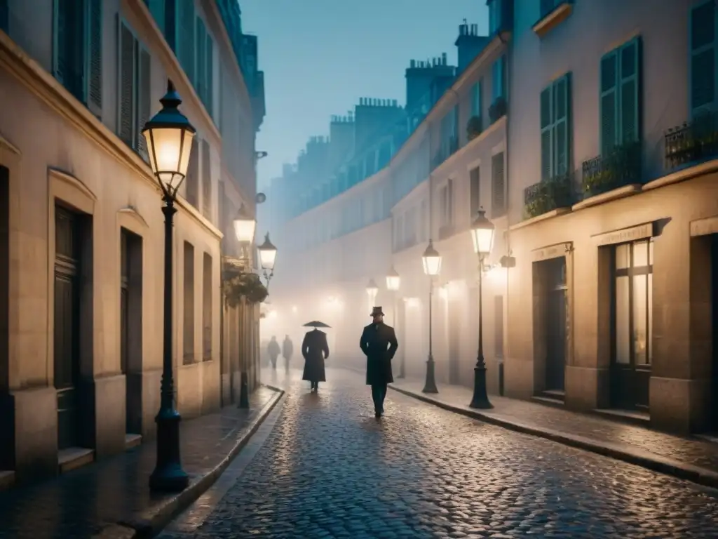 Un oscuro callejón parisino de noche, envuelto en niebla y sombras