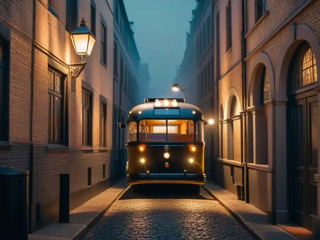 Un oscuro callejón con sombras danzantes, una tenue luz ilumina un antiguo bus turístico y curiosos espectadores