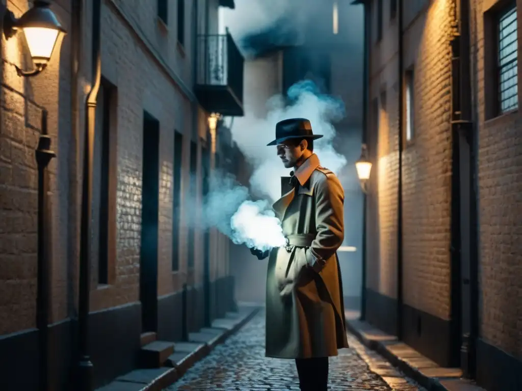 Un oscuro callejón con sombras en el suelo de adoquines, una figura misteriosa bajo una farola titilante, humo danzante