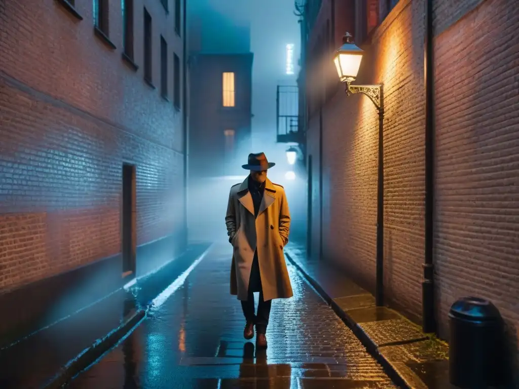 Un oscuro callejón urbano bajo la lluvia, reflejos en adoquines