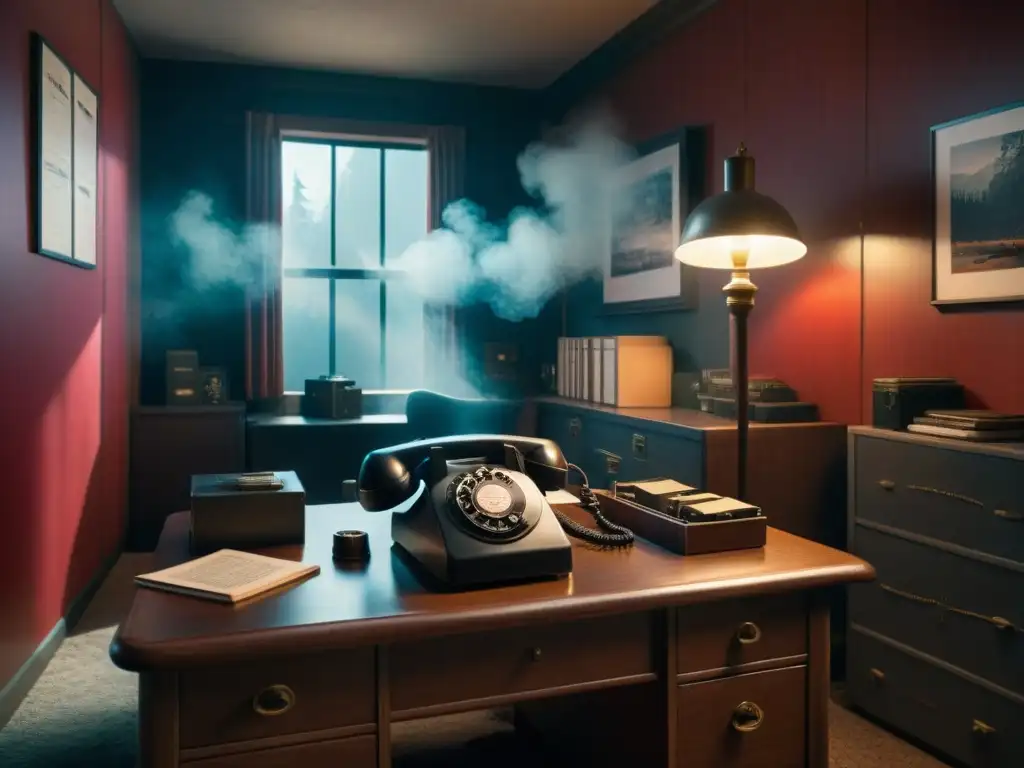 Un oscuro despacho de detective en 8k con elementos vintage, humo y sombras, evocando misterio y suspense