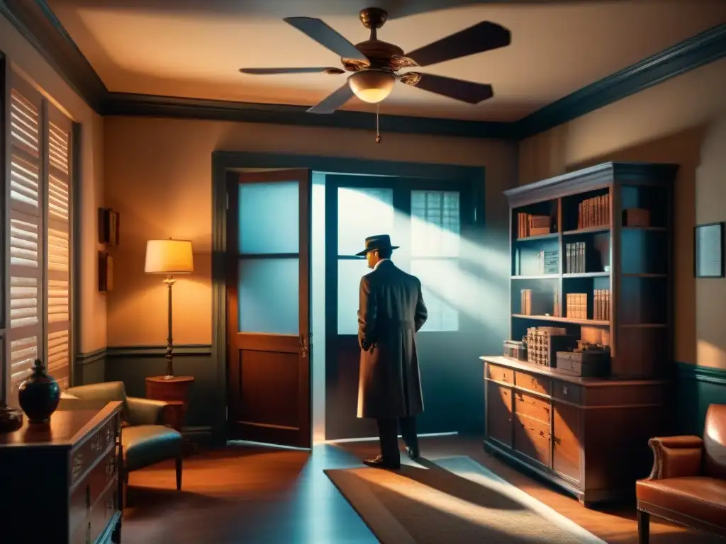 Un oscuro despacho de detective con iluminación tenue, muebles vintage y una silueta misteriosa en la puerta, evocando historias de detectives del cine negro en la realidad virtual detectives análisis