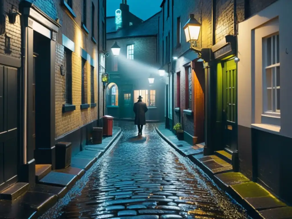 Un oscuro y lluvioso callejón de Dublín, iluminado por la tenue luz de un farol y el neón de un pub