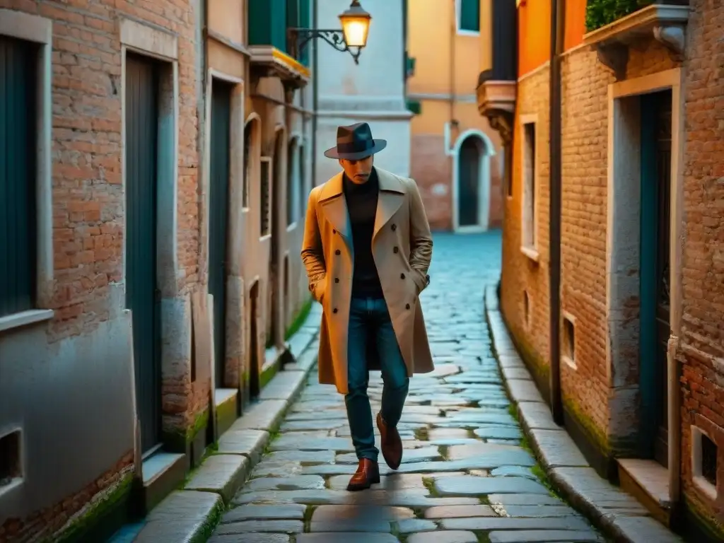 Un oscuro y misterioso callejón en Venecia iluminado por una sola farola titilante, creando una atmósfera inquietante