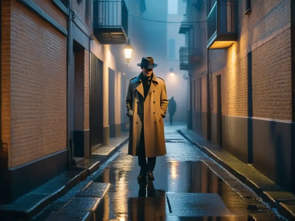 Un oscuro y misterioso callejón inspirado en el cine negro, con una figura solitaria bajo la luz de la farola en la lluvia