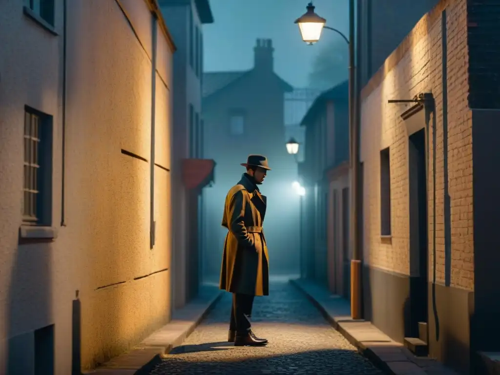 Un oscuro y misterioso callejón nocturno iluminado por una solitaria farola titilante