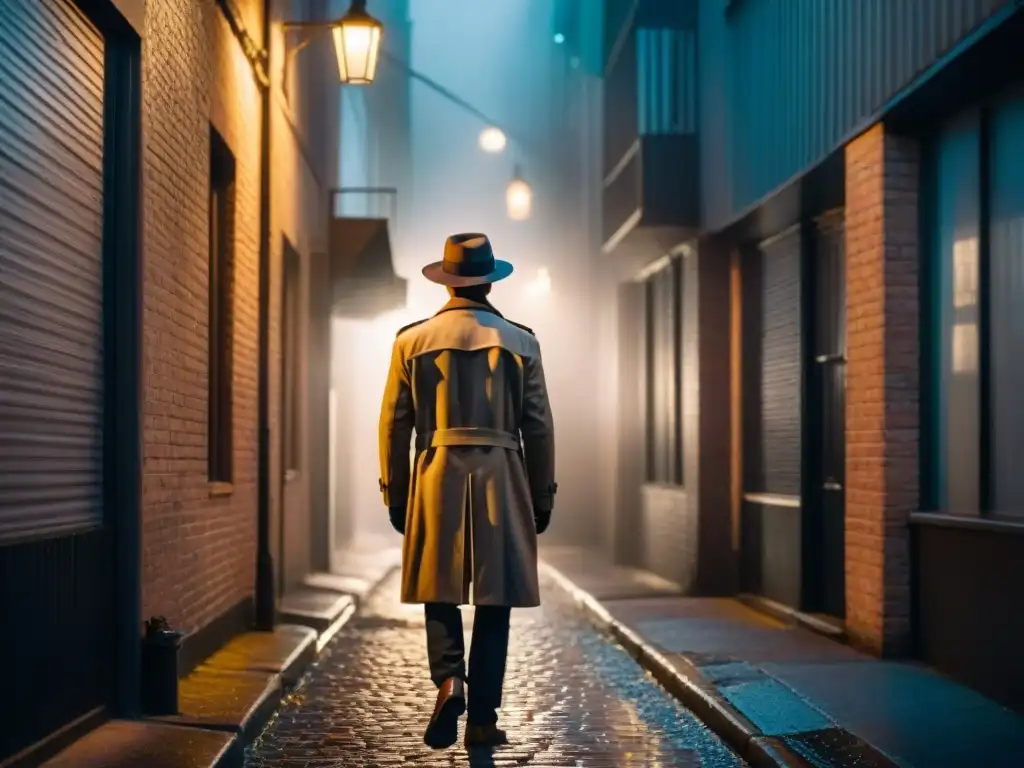 Un oscuro y misterioso callejón urbano, iluminado por la tenue luz de una farola parpadeante