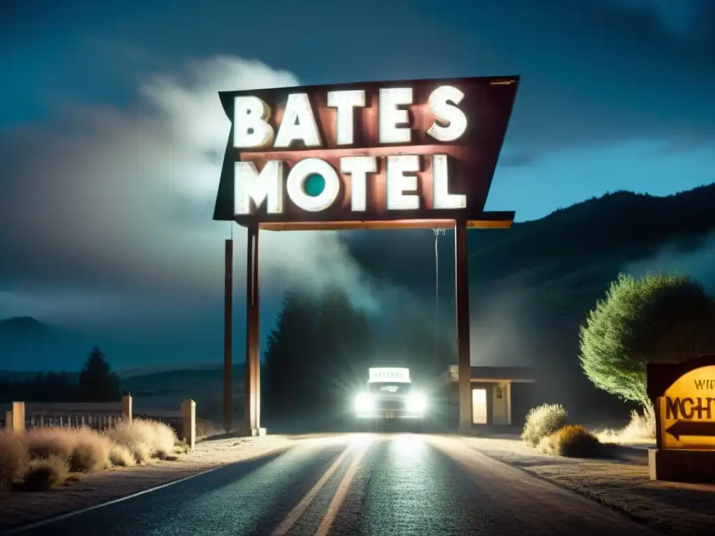 Un oscuro y misterioso cartel del Bates Motel de noche, con sombras ominosas y la silueta de Norman Bates en la ventana