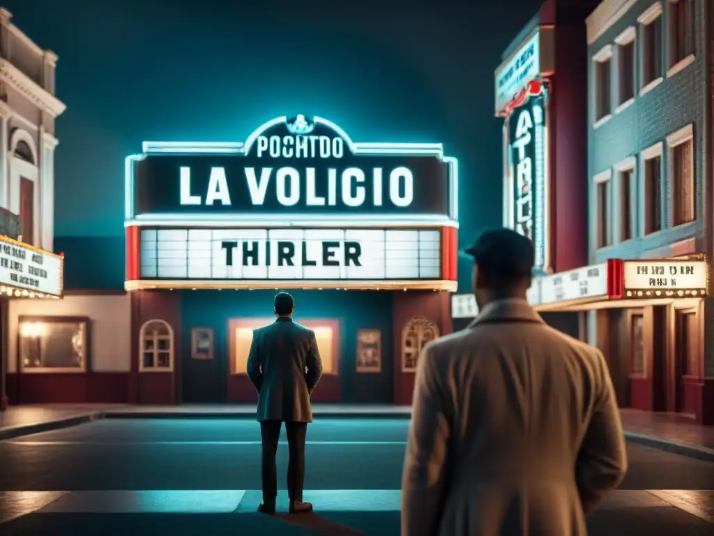 Un oscuro thriller psicológico en ilustración, con figura solitaria en calle, y cartel de cine vintage