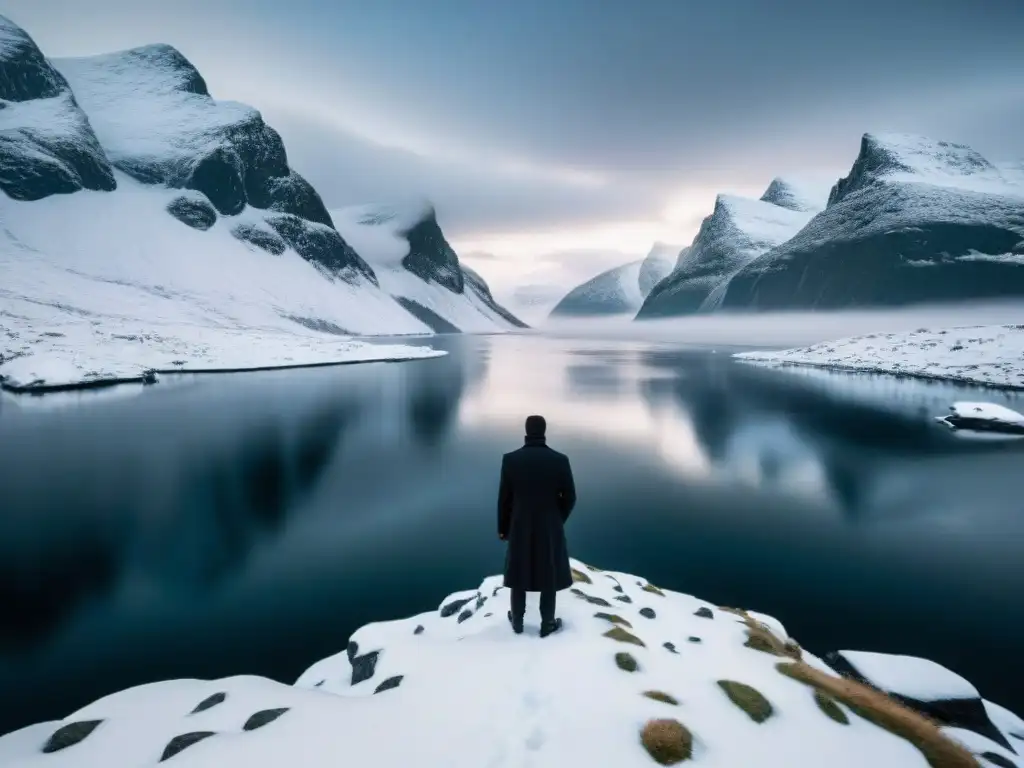 Un paisaje helado escandinavo en blanco y negro con un aura de misterio y suspense