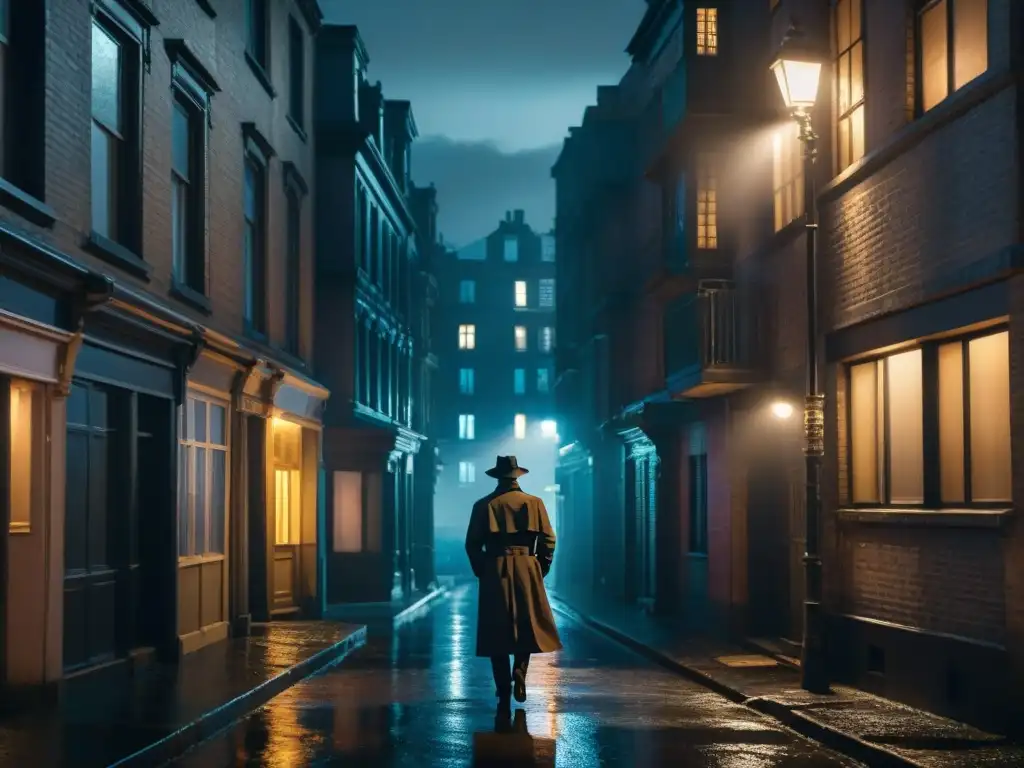 Un paisaje urbano oscuro y misterioso iluminado por luces de neón, con figuras en sombras y un callejón húmedo