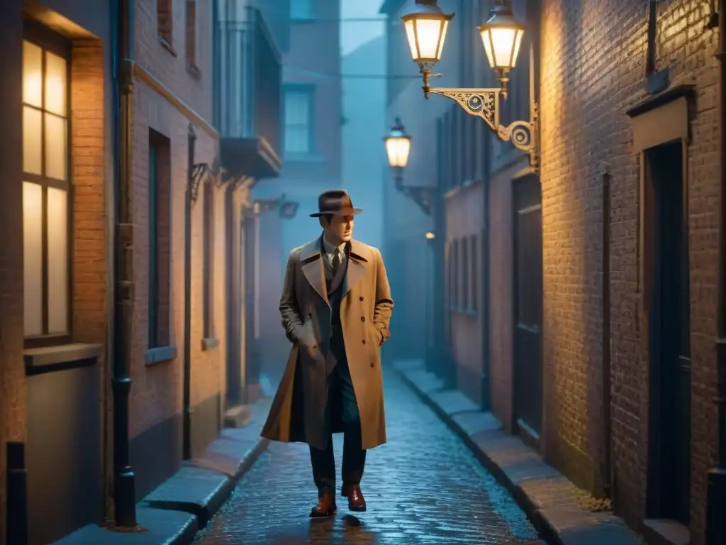 Escena Noir: Misterio en el callejón con sombras y siluetas Pareja misteriosa en callejón, estilo Film Noir