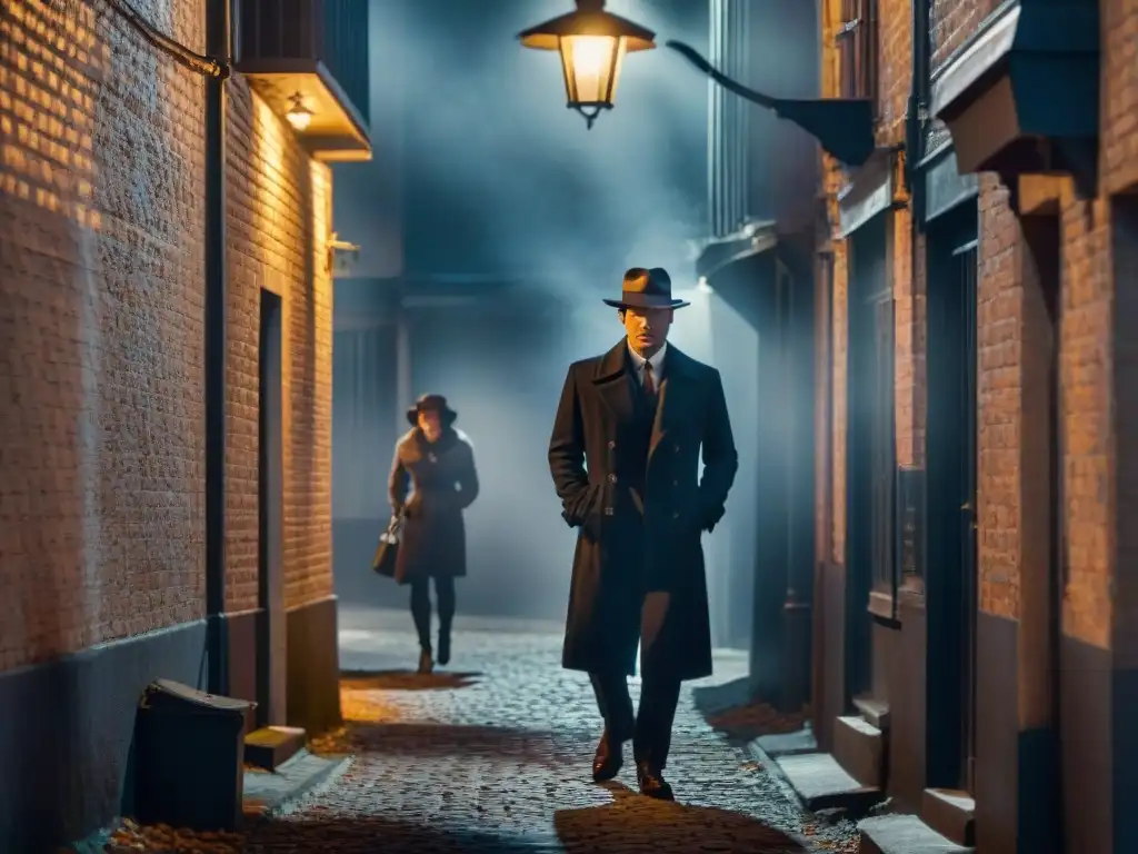 Pareja misteriosa en callejón nocturno, evocando el cine negro