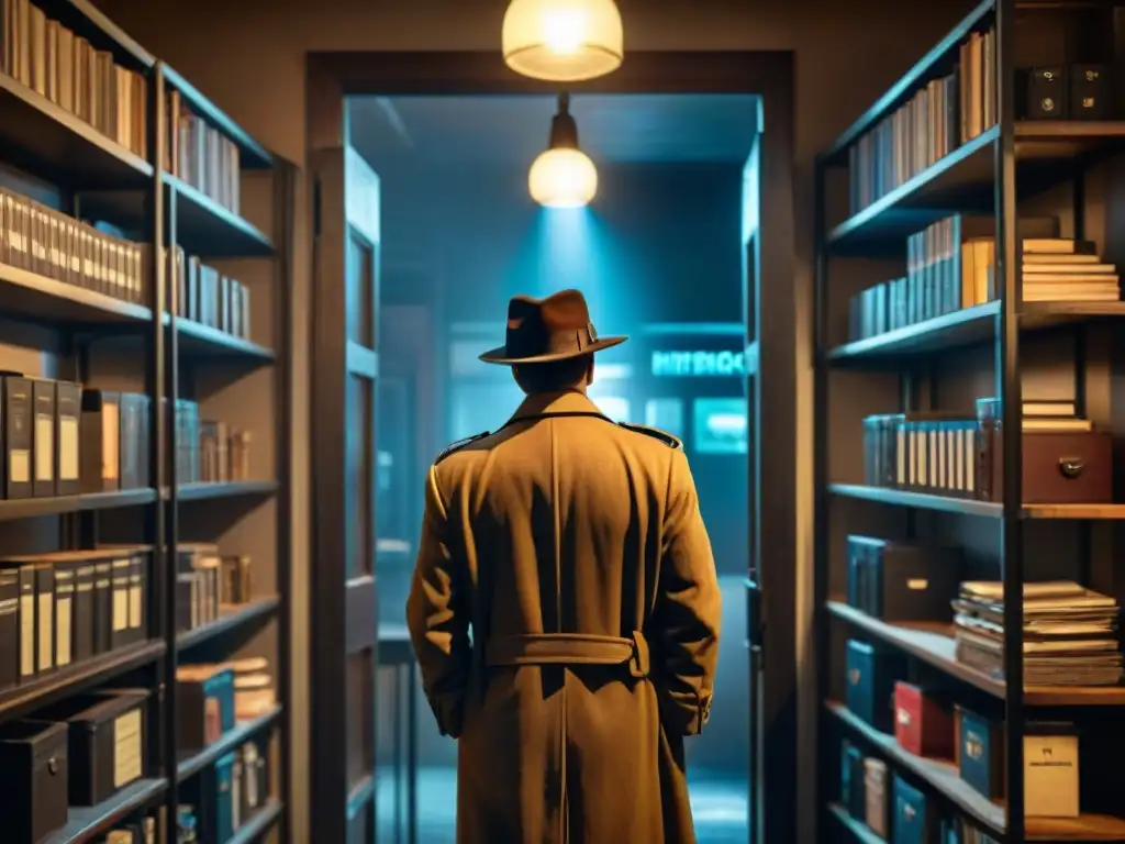 Detective en acción: Software Forense en ambiente Noir En la penumbra de una agencia de detectives vintage, un investigador trabaja en software forense en cine