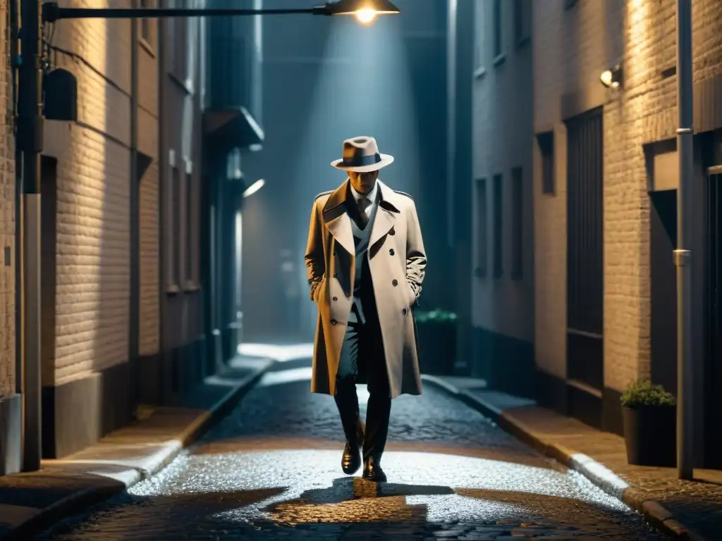 En la penumbra de un callejón en blanco y negro, una figura misteriosa bajo la luz de la farola crea un ambiente de suspenso y misterio