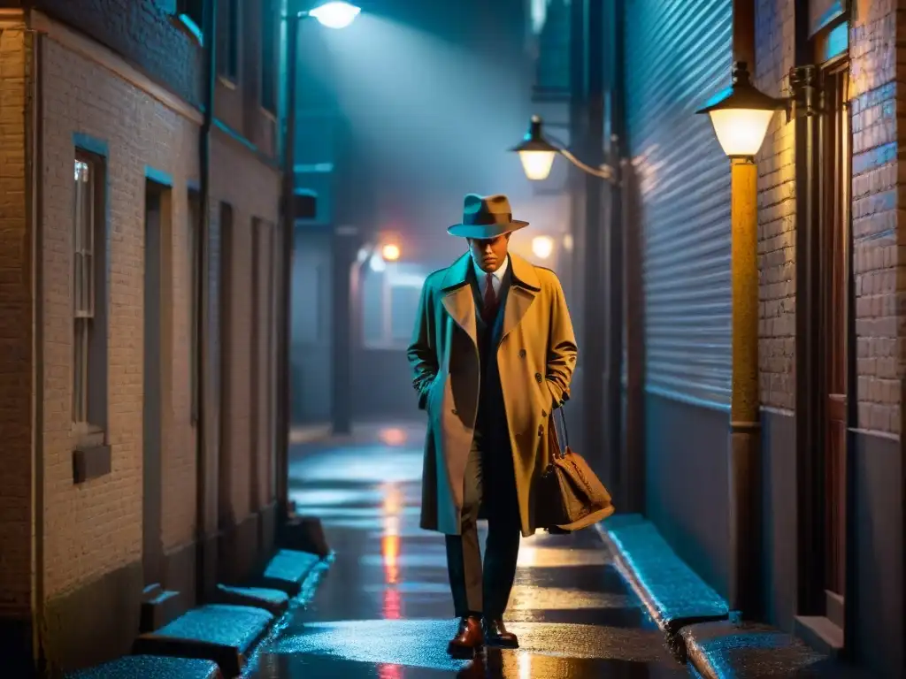 En la penumbra de un callejón, un detective examina una pista bajo la luz de una farola, creando un ambiente de cine negro