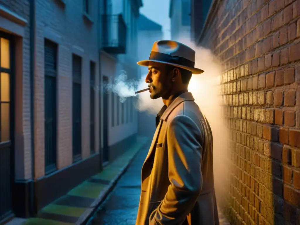 En la penumbra de un callejón, un detective fumando, su rostro oculto por un sombrero, y un auto vintage iluminando la lluvia