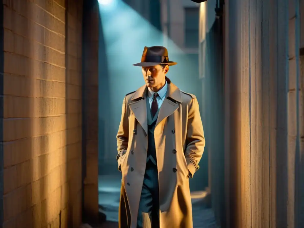 Detective en la sombra: misterio y suspense en el callejón En la penumbra de un callejón, un detective solitario en gabardina y sombrero, iluminado por la luz tenue de una farola titilante